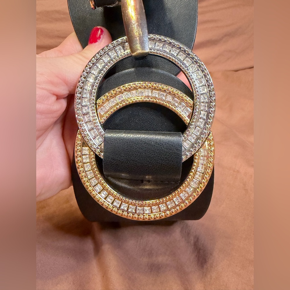 Black Leather Double-Ring Rhinestone Interlock St… - image 4